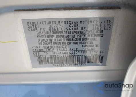 2022 Nissan Sentra Sv Xtronic Cvt from USA, damaged, VIN 3N1AB8CV5NY247311